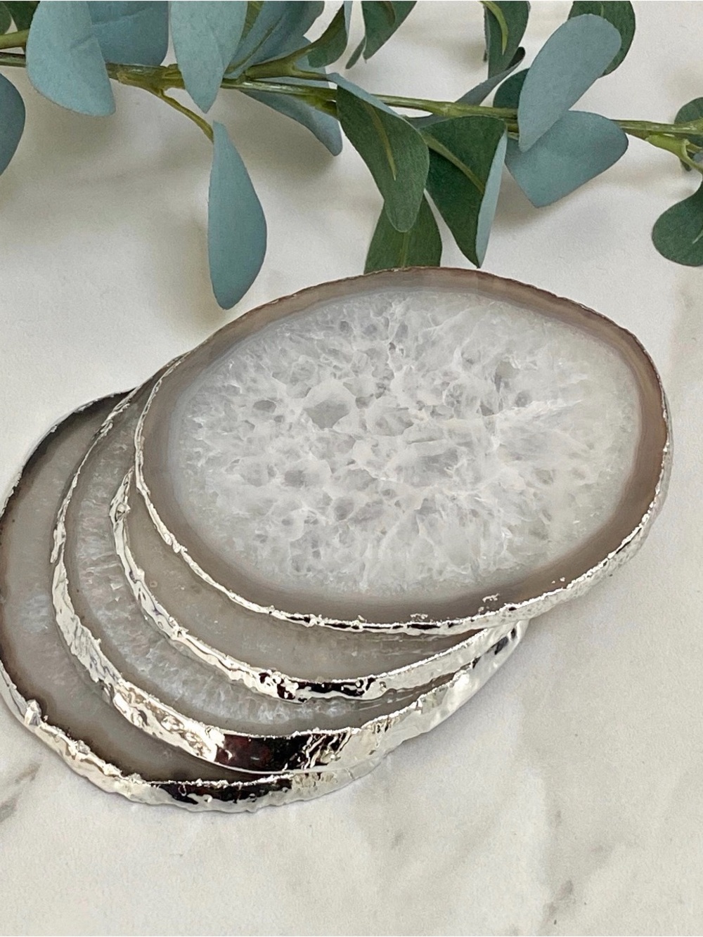 Silver-Trim White Agate Coaster Set - Picture 2 of 7